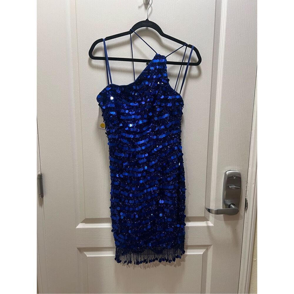 Liv Foster Sexy Beaded One shoulder Sequin Bodycon Dress in Royal Blue size 6 - Picture 1 of 4
